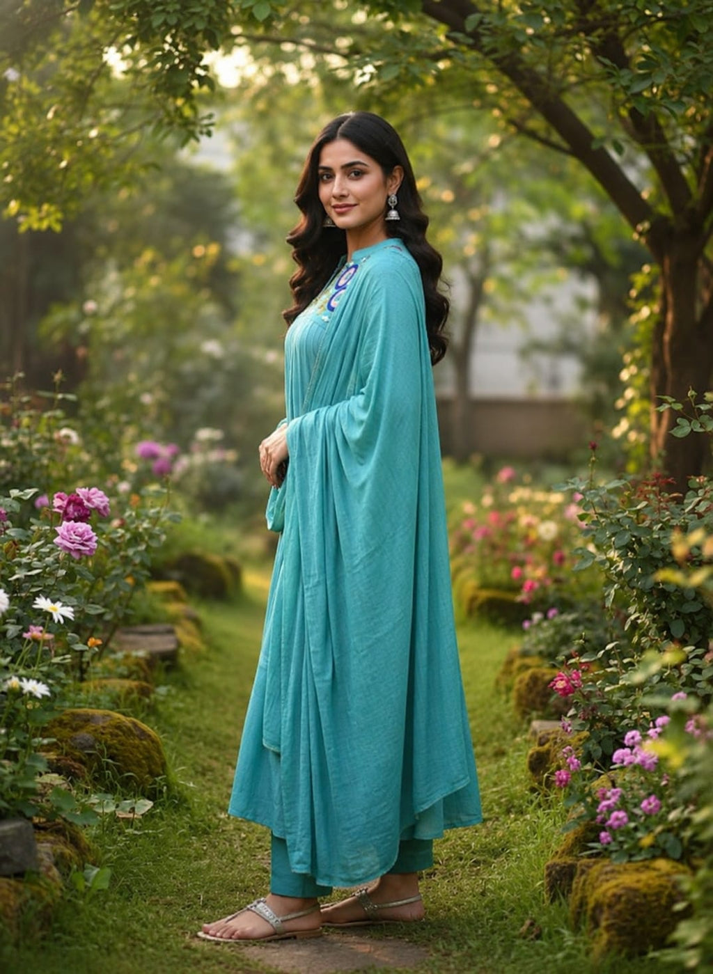 Mul chanderi suit with thread work