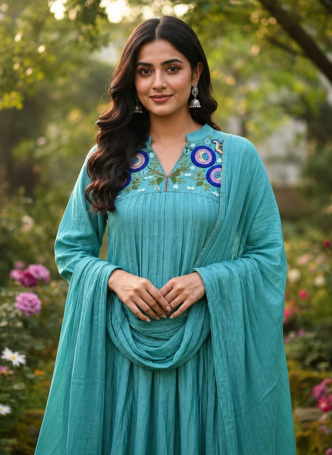 Mul chanderi suit with thread work