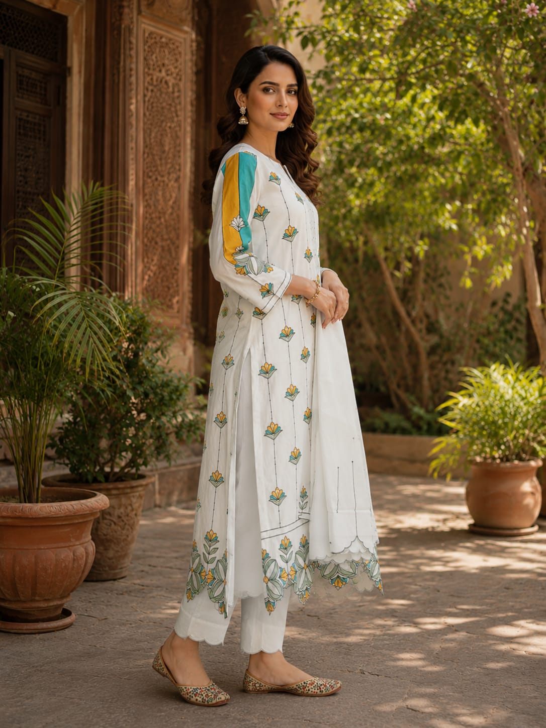 White Thread Work Suit Set