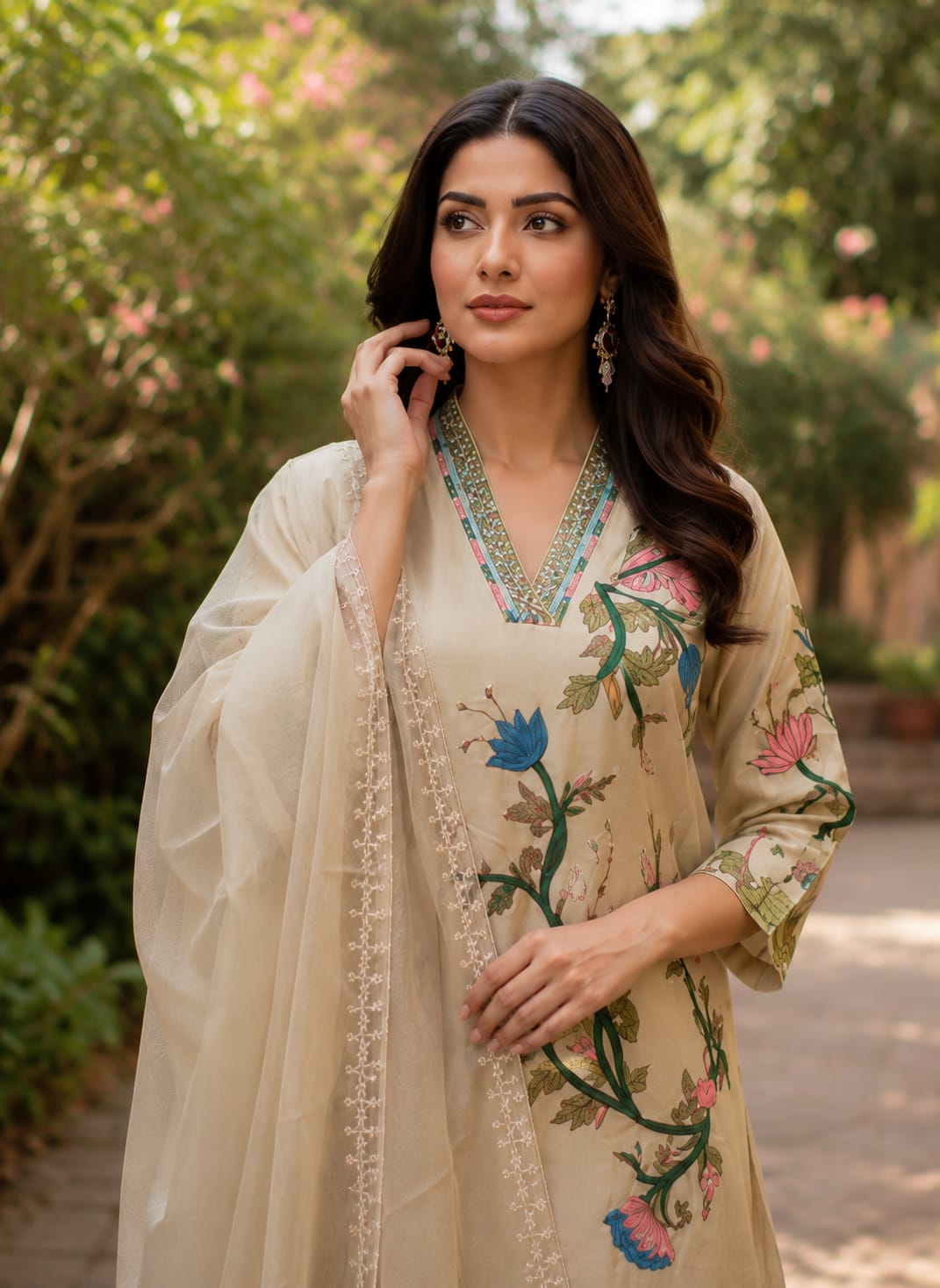 Beige Hand Embroidered Suit Set