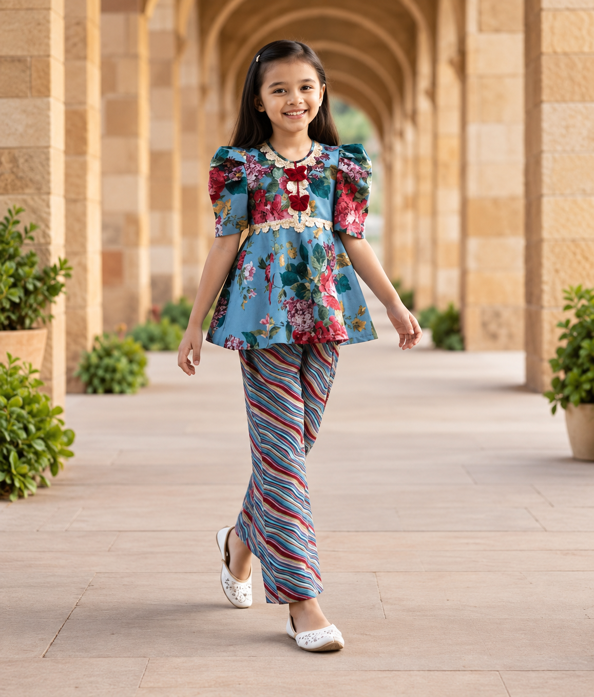 Beautiful Floral Peplum Top with Printed Palazzo for Girls | Blue Ethnic-Fusion Party Set